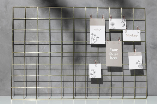 Mockup Cards Hanging On Grid Memo Board Psd