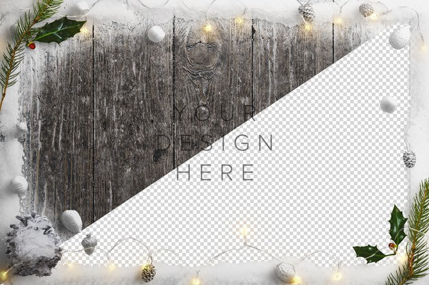 Mockup Cold Winter Nature Scene With Snow, Fairy Lights, Holly And Pinecones Psd