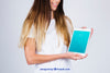 Mockup Concept Of Woman Looking At Tablet Psd