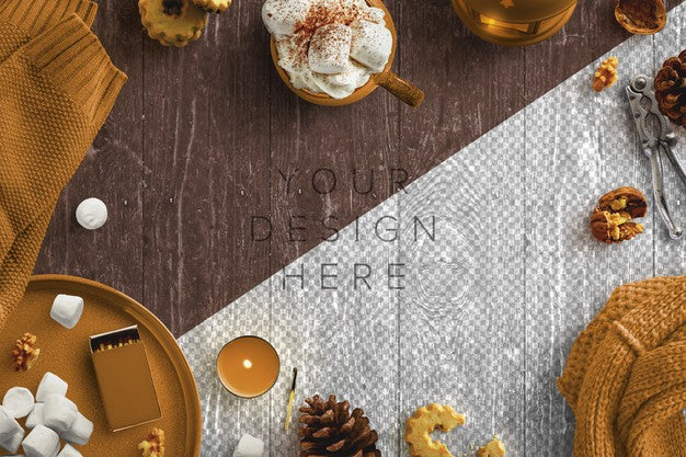 Mockup Cozy Winter Scene With Candles, Hot Drink, Marshmallows, Nuts And Woollen Clothes Psd