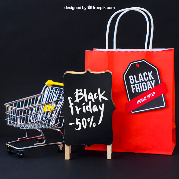 Mockup For Black Friday With Bag And Cart Psd
