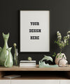 Mockup Frame On Cabinet In Living Room Interior On Empty Dark Wall Background,3D Rendering Psd