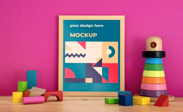 Mockup Frame On Desk With Toys Blocks Psd