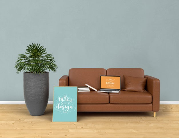 Mockup Laptop And Poster Frame With Home Decorating In The Living Room Modern Interior. Psd