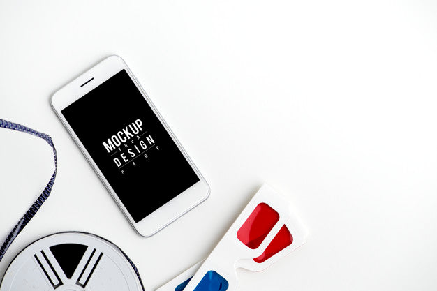 Mockup Of A Mobile Phone With Reel And 3D Glasses Psd - Mockup Hunt