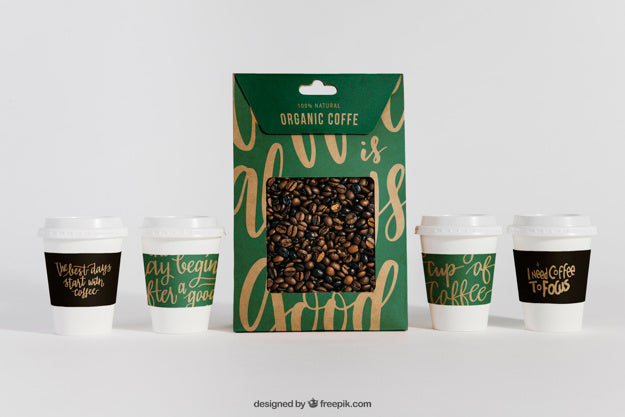 Mockup Of Coffee Cups And Bag Psd