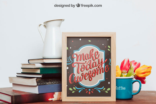 Mockup Of Frame, Books And Mug Psd