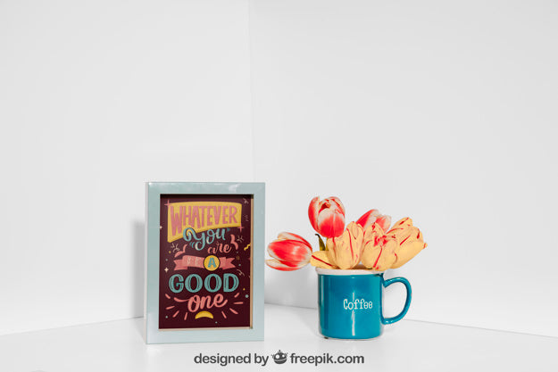 Mockup Of Frame Next To Blue Mug Psd