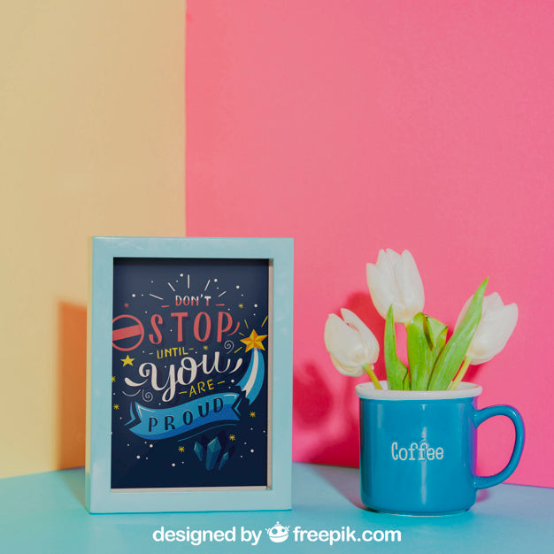 Mockup Of Frame Next To Blue Mug Psd