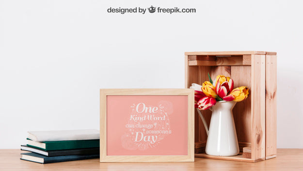 Mockup Of Frame With Books And Box Psd