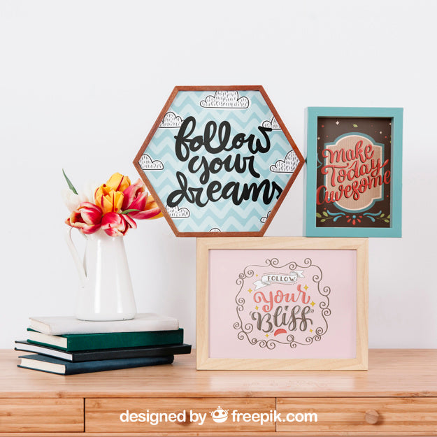 Mockup Of Frames On Wall And Desk Psd