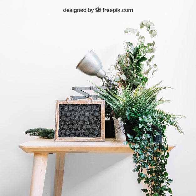 Mockup Of Slate And Plants On Table Psd