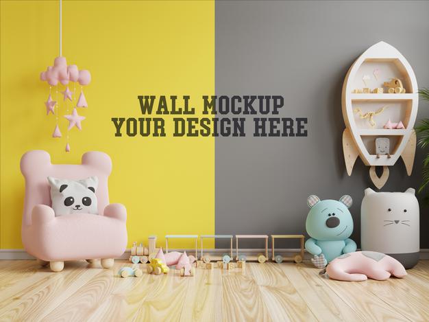 Mockup Wall In The Children'S Room On Yellow Illuminating And Ultimate Gray Wall Psd
