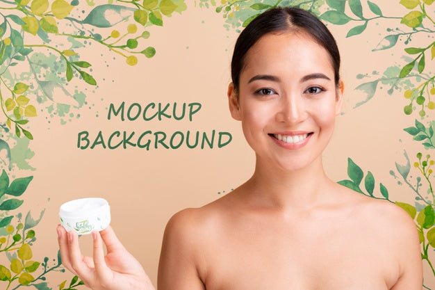 Model Looking At Camera While Holding A Skin Lotion Psd