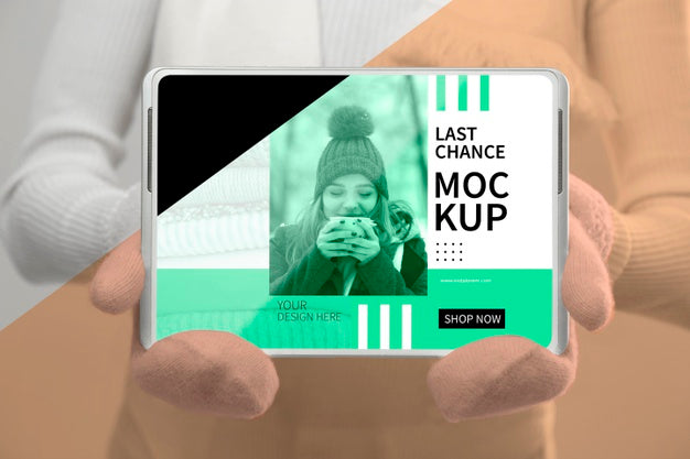 Model With Gloves Holding Tablet Mockup Psd