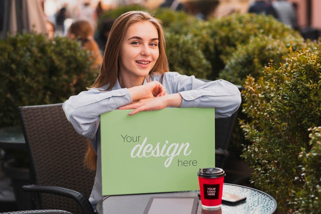 Modern Blonde Girl Holding A Banner Mock-Up Psd