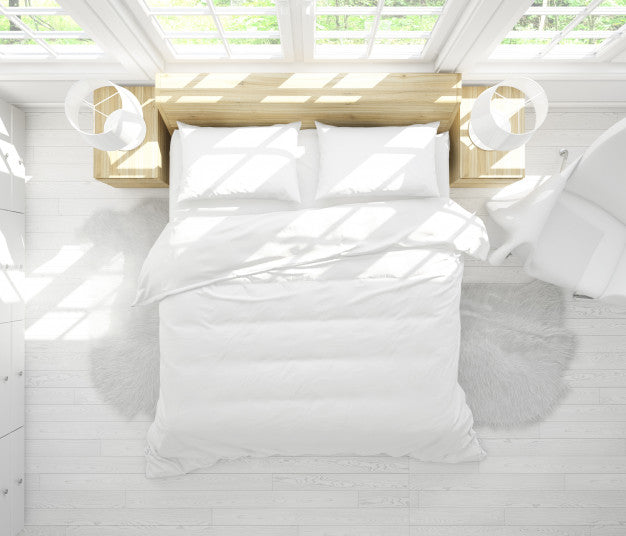 Modern Double Bed Mockup In Bright Bedroom On Top View Psd