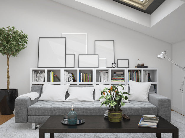 Modern Living Room With Sofa And Mockup Frames Psd