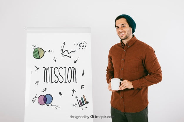 Modern Man Posing With Whiteboard And Mug Psd