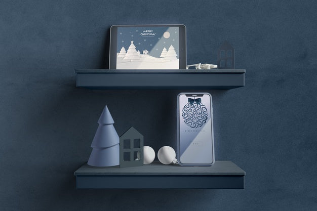 Modern Tablet On Shelf With Christmas Theme Psd