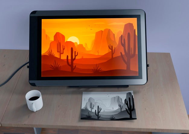 Monitor With Nature Landscape And Sketch Psd
