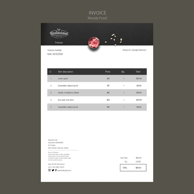 Moody Food Restaurant Invoice Concept Mock-Up Psd