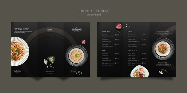 Moody Food Restaurant Trifold Brochure Concept Mock-Up Psd
