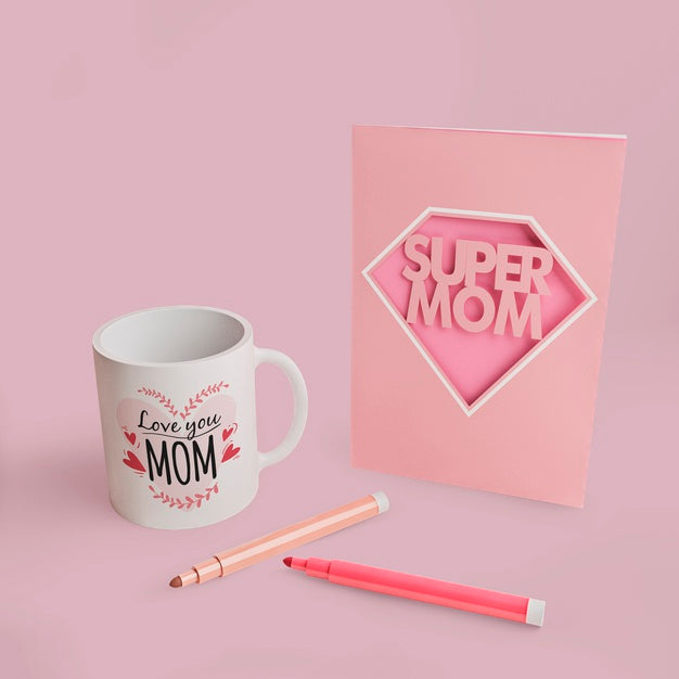 Mother'S Day Card And Mug With Markers Psd
