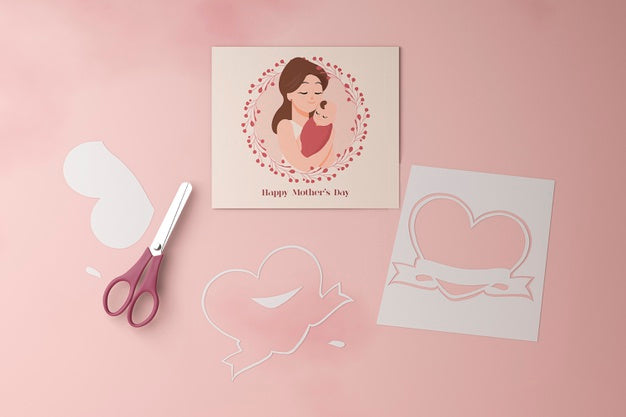 Mother'S Day Card And Scissors With Mock-Up Psd