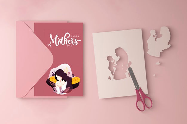 Mother'S Day Card And Scissors With Mock-Up Psd