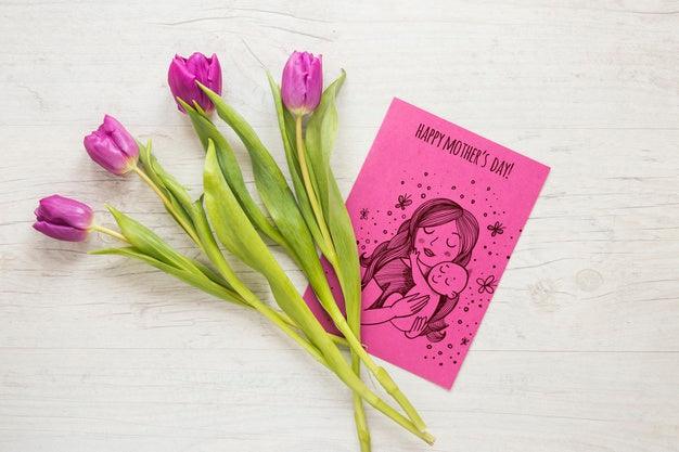 Mothers Day Card Mockup With Flowers Psd