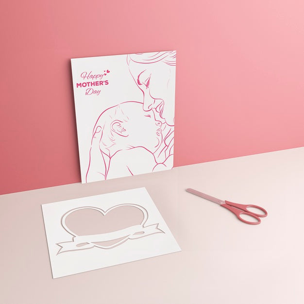 Mother'S Day Drawing And Scissors With Mock-Up Psd