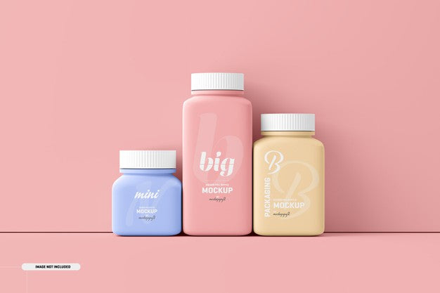 Multi Size Square Pill Supplement Bottle Mockup Psd