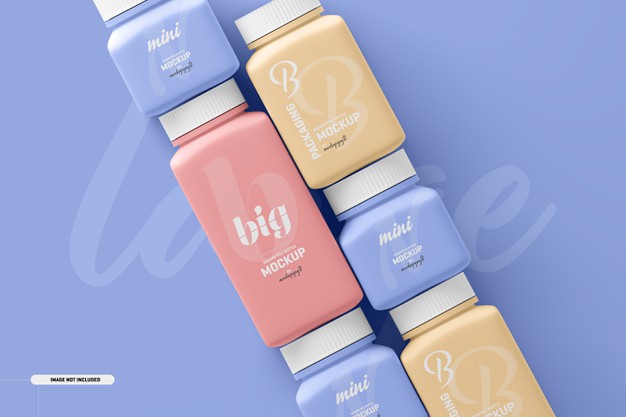 Multi Size Square Pill Supplement Bottle Mockup Psd