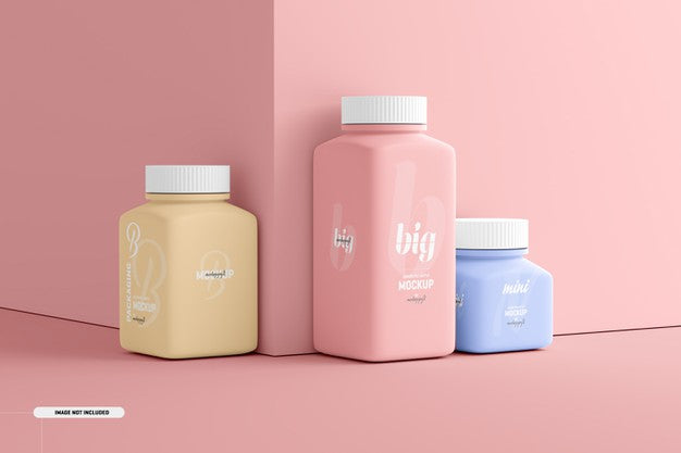Multi Size Square Pill Supplement Bottle Mockup Psd