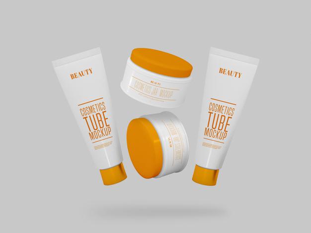 Multiple Cosmetic Cream Jars & Tubes Mockup Psd