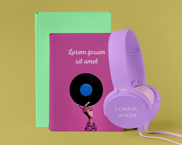 Music Book Cover Mock-Up Arrangement With Headphones Psd