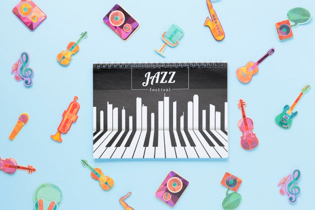 Music Concept Notebook Mock-Up On Blue Background Psd