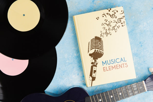 Music Elements Book With Vinyl And Ukulele Guitar Psd