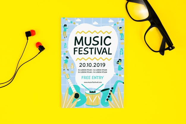 Music Festival Flyer With Glasses And Headphones Beside Psd