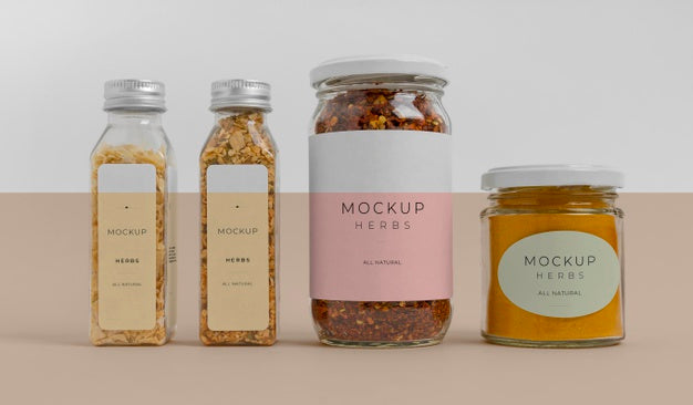 Natural Spices With Label Mock-Up Arrangement Psd