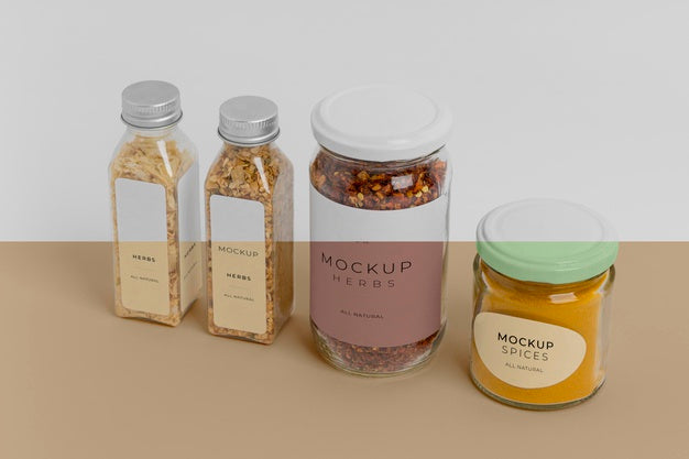 Natural Spices With Label Mock-Up Arrangement Psd