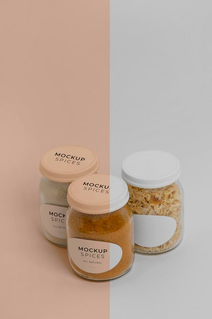Natural Spices With Label Mock-Up Arrangement Psd