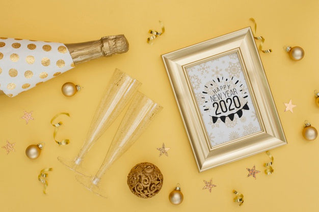 New Year 2020 With Golden Bottle Of Champagne And Glasses Psd