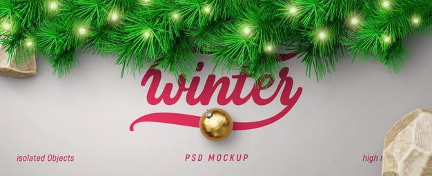 New Year And Winter Background Mockup With Christmas Tree Branches For Promotion Poster Or Banner Psd
