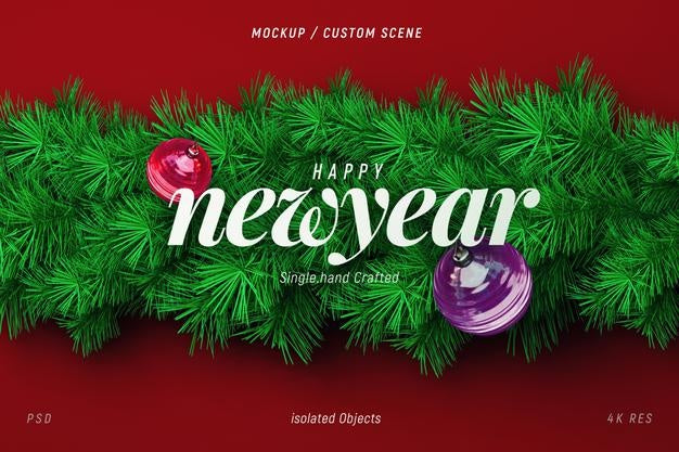 New Year And Winter Background Mockup With Christmas Tree Branches Top View For Poster Or Banner Psd