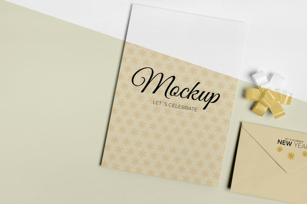 New Year Invitation Mock-Up With Ribbon Flat Lay Psd