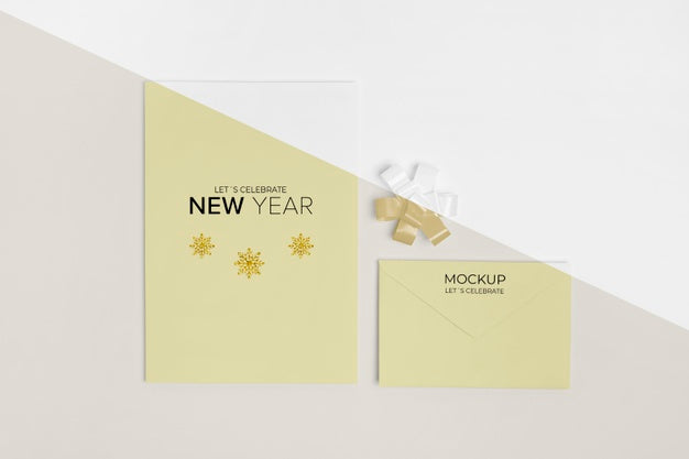 New Year Invitation Mock-Up With Ribbon Top View Psd