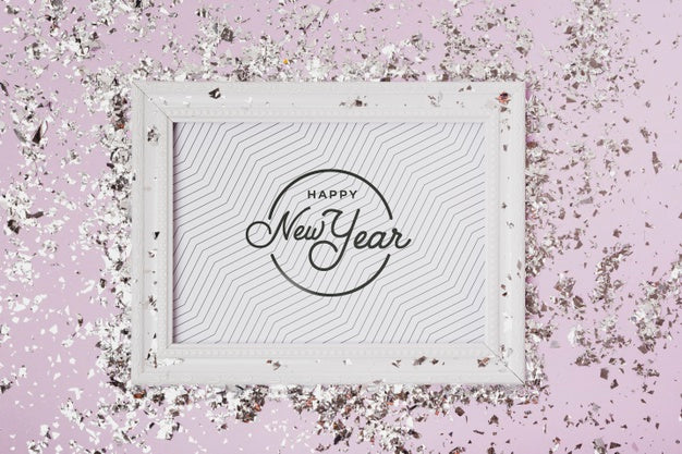 New Year Lettering On Frame Mock-Up With Confetti Psd