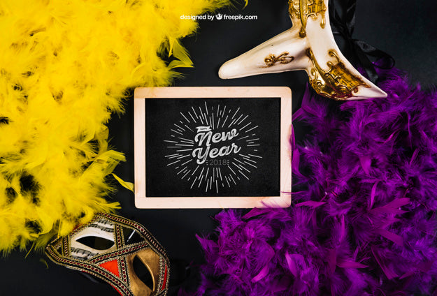 New Year Mockup With Slate And Masks Psd